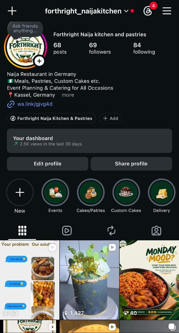 Forthright Naija Kitchen & Pastries Instagram profile after optimization