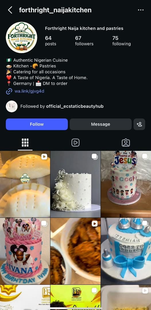 Forthright Naija Kitchen & Pastries Instagram profile before optimization