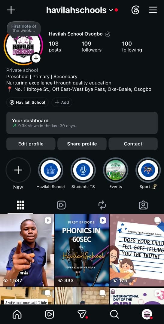 Havilah Schools Instagram profile after optimization
